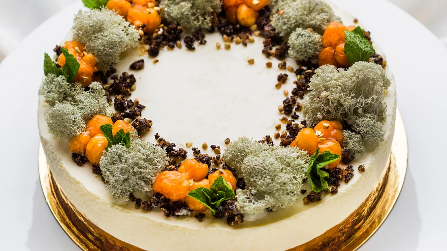 Muraka-kodujuustutort musta leiva ja köömnenapsuga. 