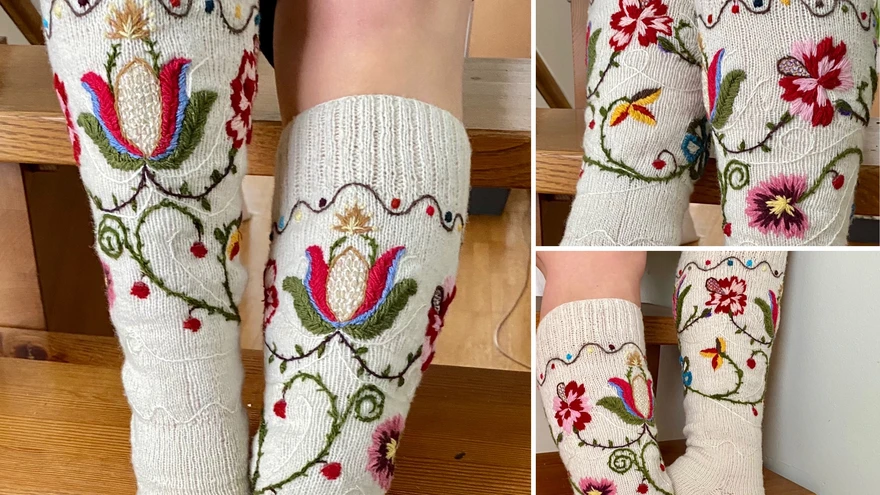 Jõhvi käisemustrist inspireeritud tikandiga kootud sukad