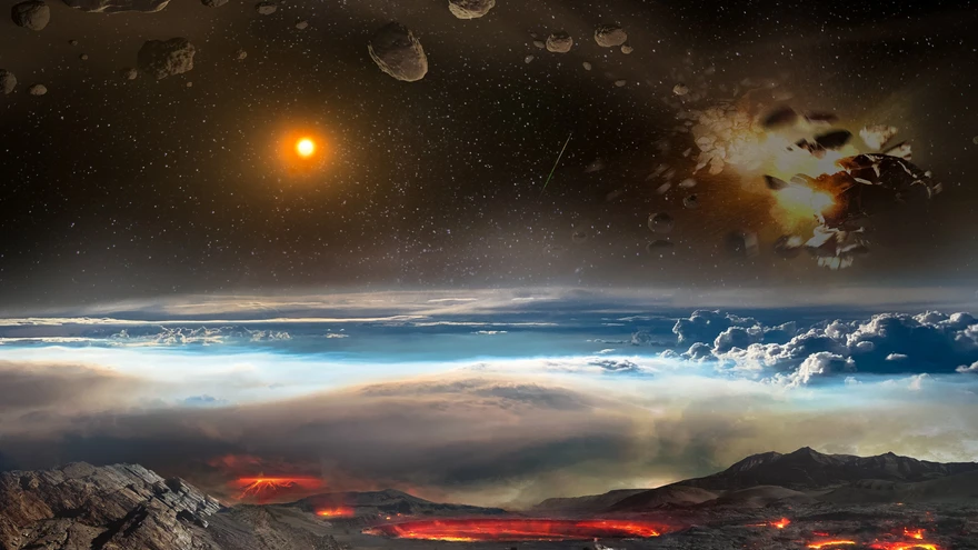 Illustraatori nägemus sellest, milline Maa oma algusaegadel välja nägi. Kosmosest sadas alla kõikvõimalikku prügi ja vulkaanid olid aktiivsed.